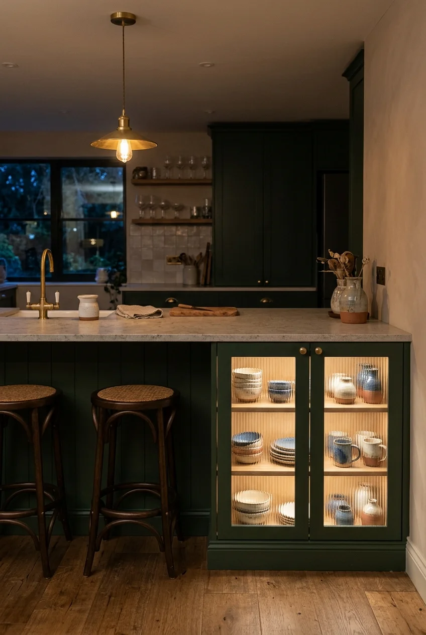 Ribbed-glass display cabinet on a green peninsula