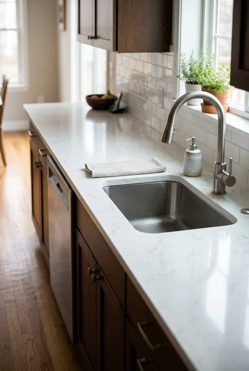 Off-center sink preserving a long peninsula prep area
