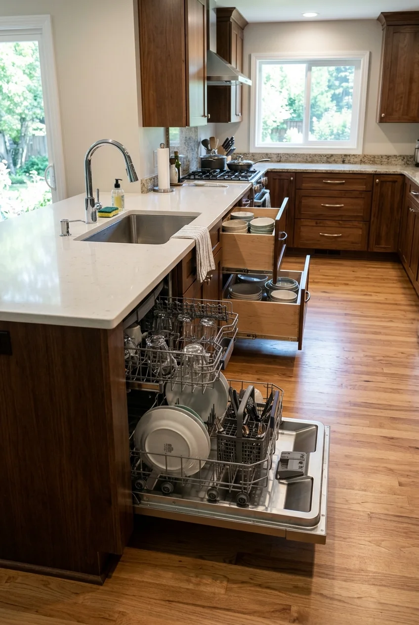 Dishwasher beside a peninsula sink with clear loading space