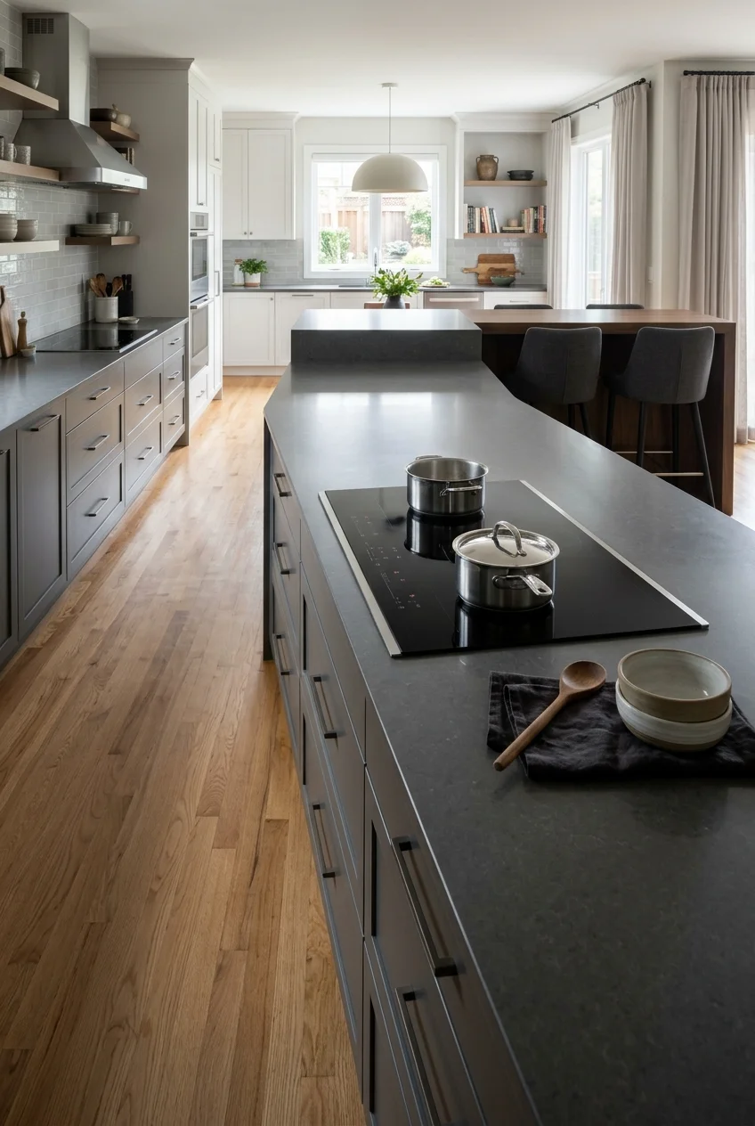 Induction cooktop centered in a broad peninsula work zone