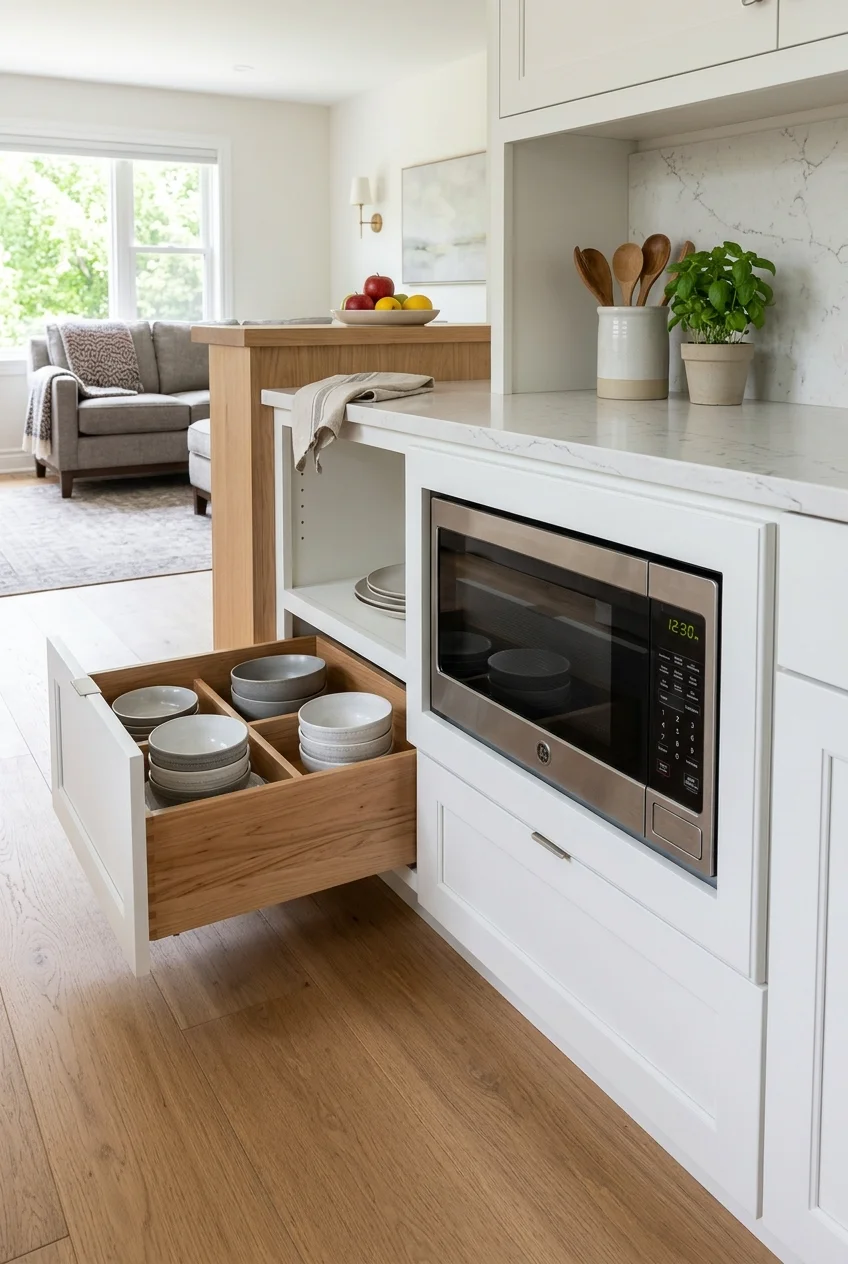 End-facing microwave built into a kitchen peninsula