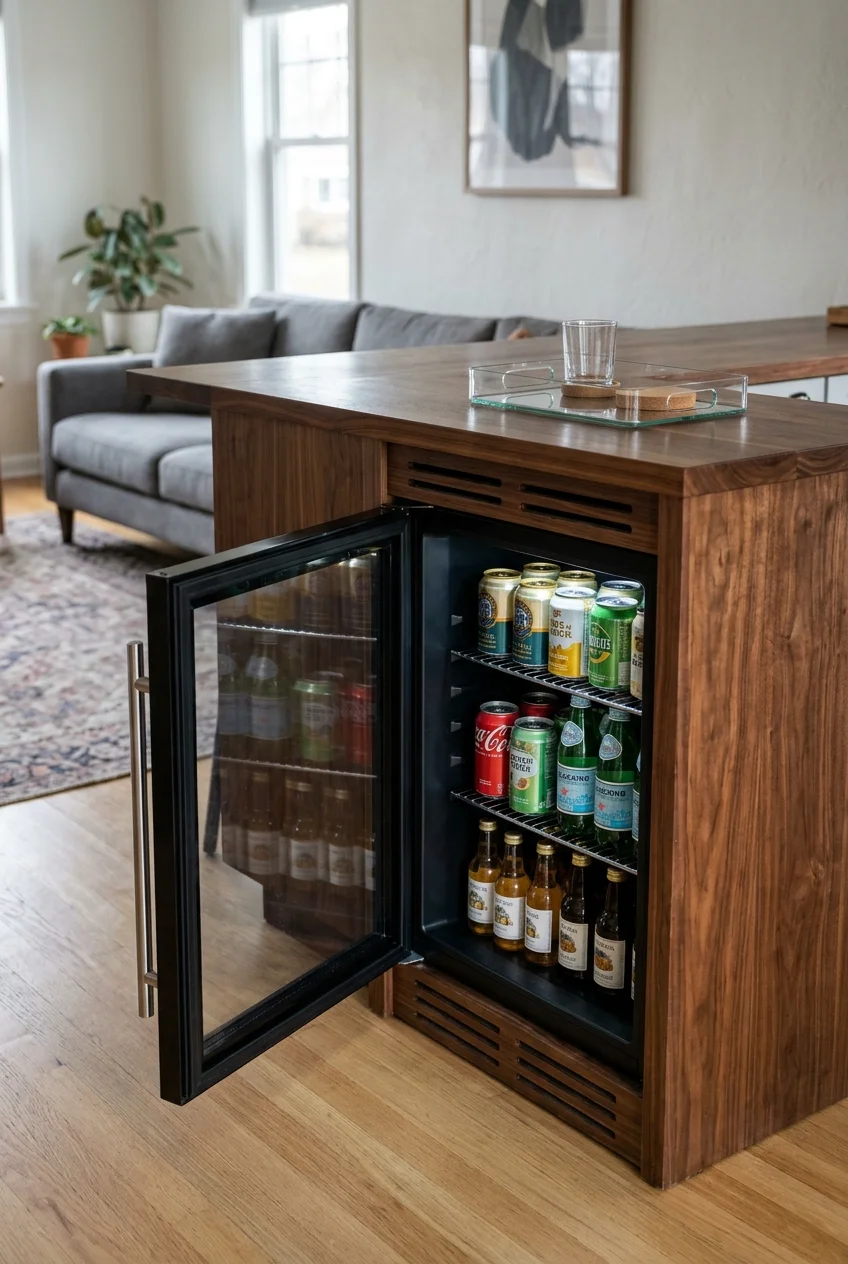 Outward-facing beverage refrigerator in a peninsula end