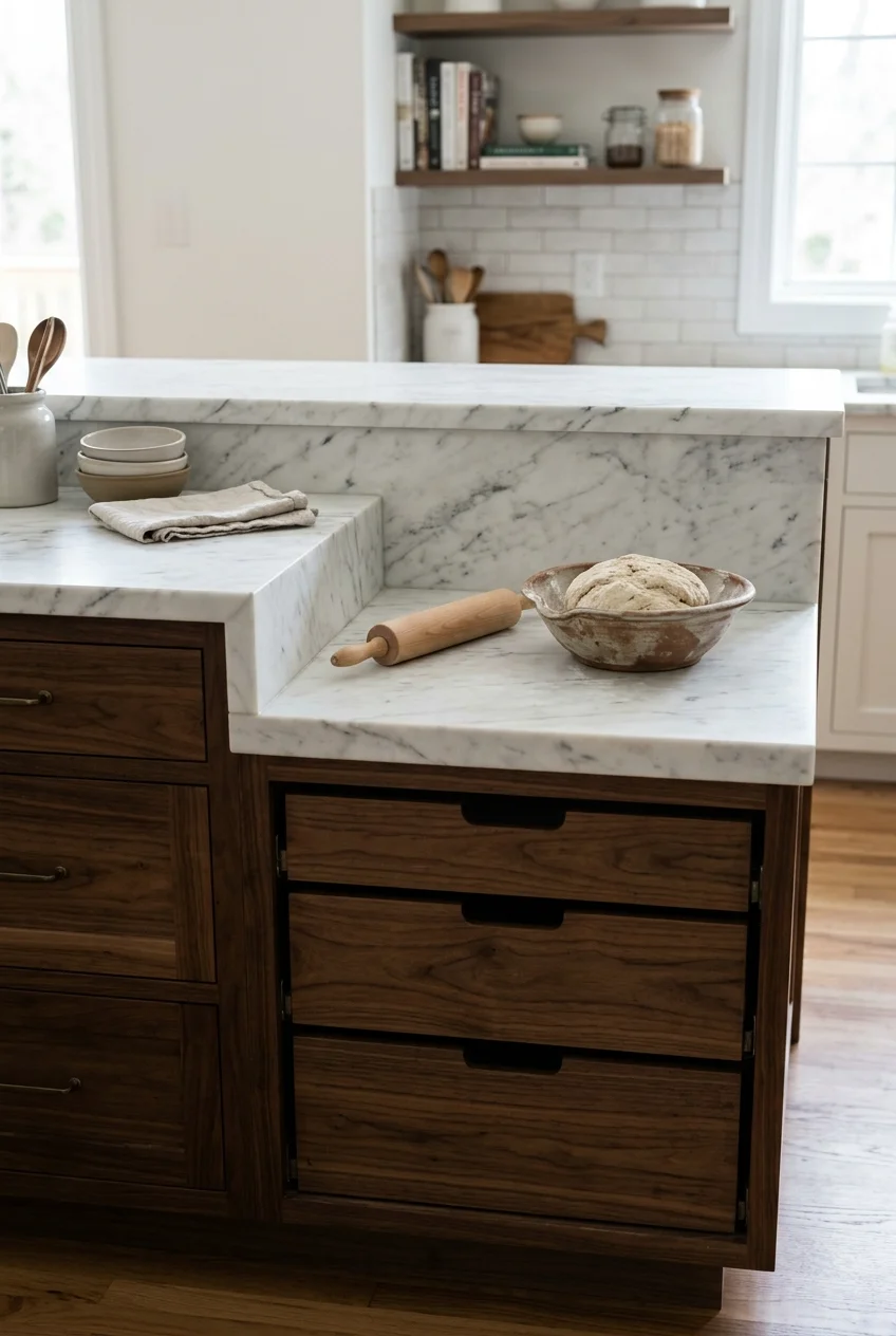Lower marble baking station built into a peninsula