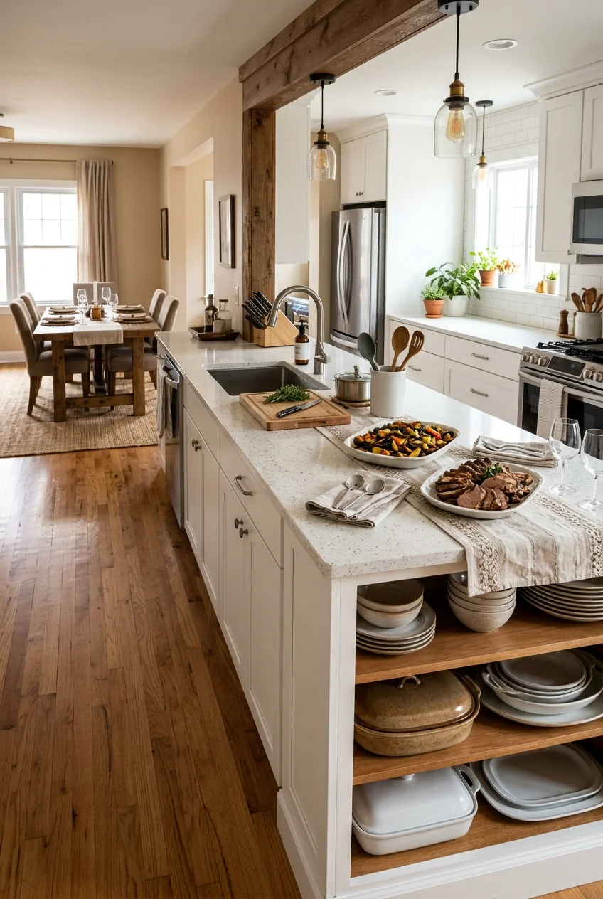 Long peninsula with a dedicated serving buffet zone