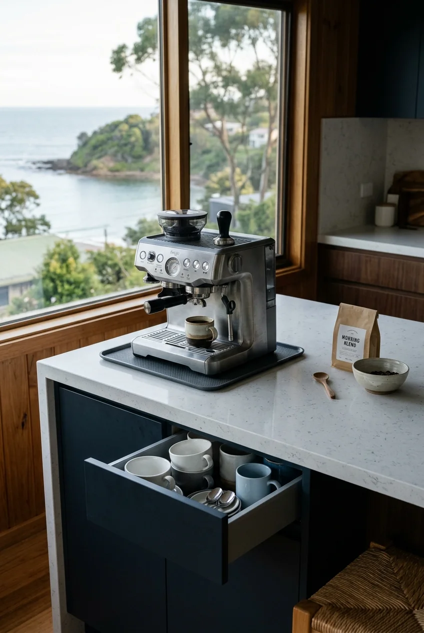 Compact coffee station on the quiet end of a peninsula