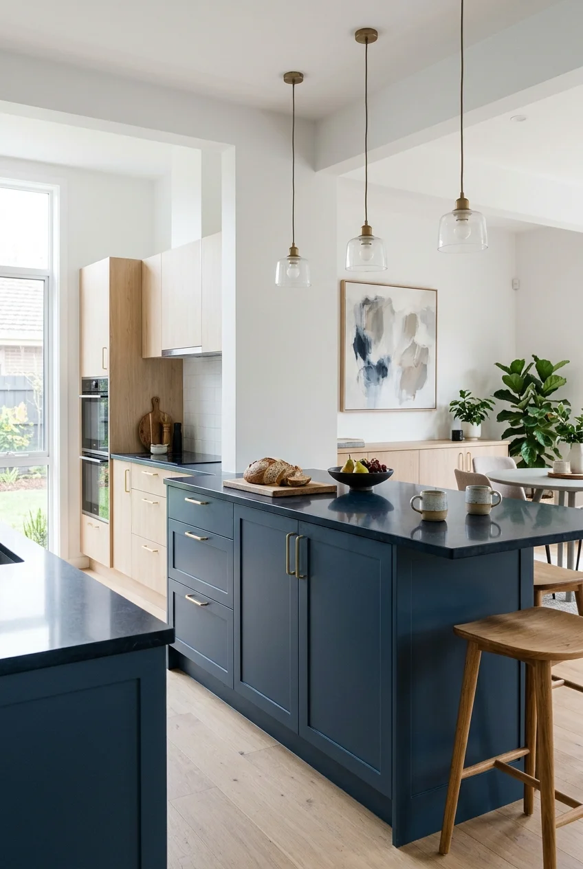 Deep blue peninsula contrasting with pale kitchen cabinets