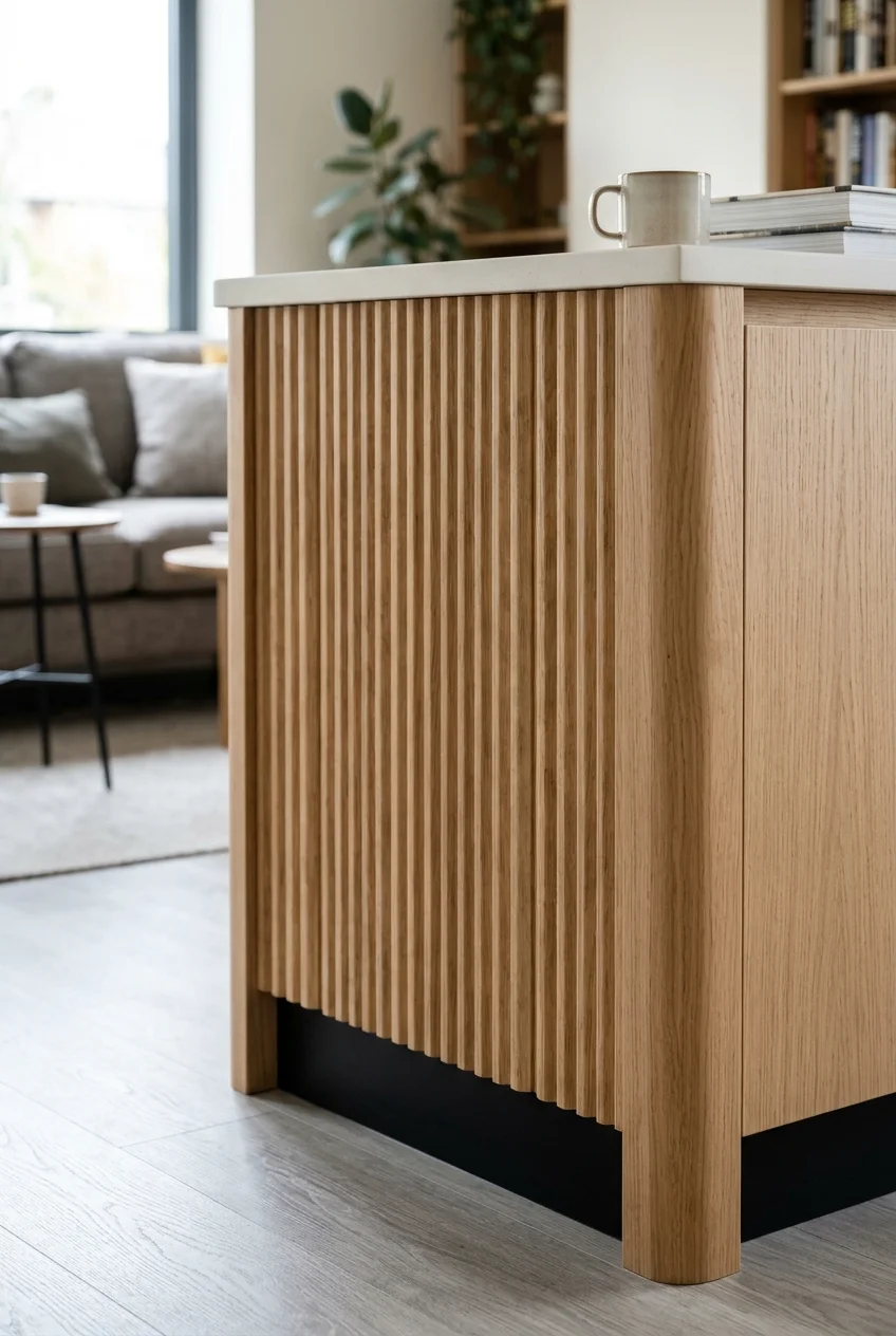 Fluted white-oak cladding on a peninsula outer face