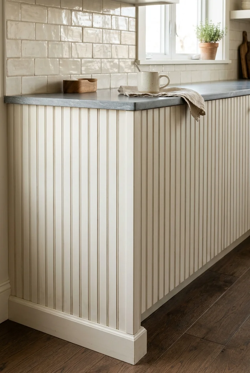 White beadboard finish on a cottage kitchen peninsula