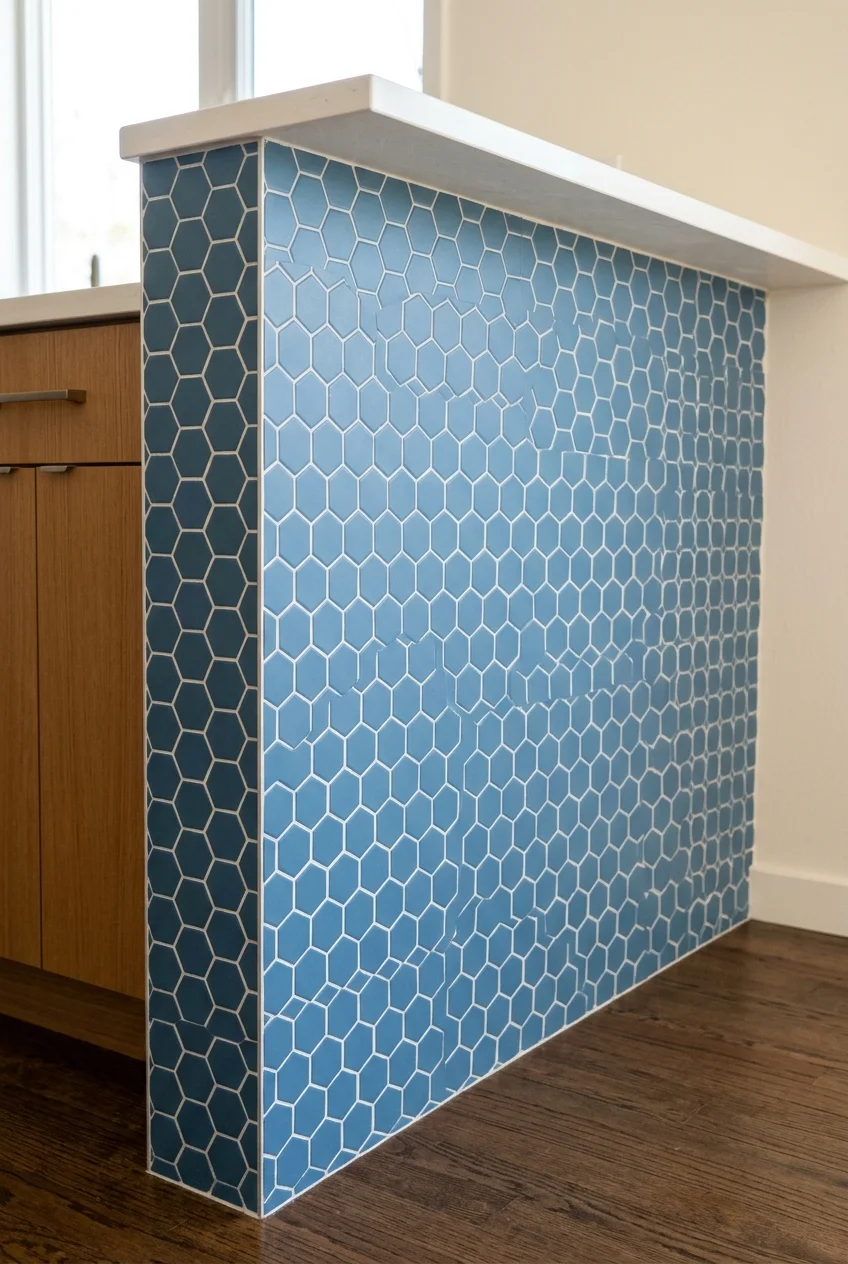 Blue geometric tile accent on a peninsula outer face