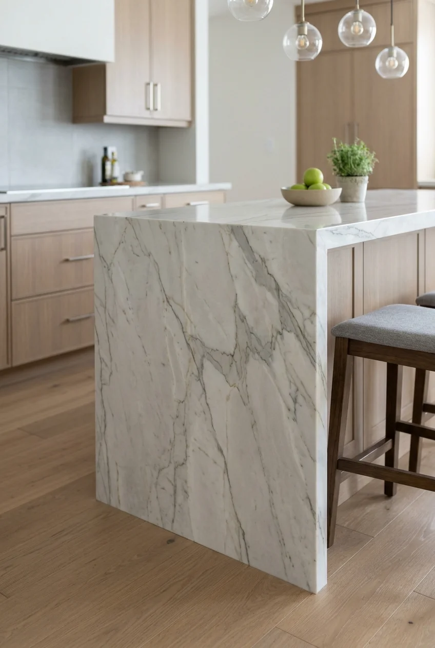 Veined stone waterfall end on a kitchen peninsula
