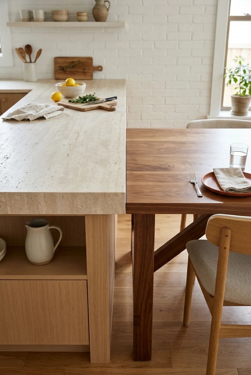 Walnut dining extension joined cleanly to a stone peninsula