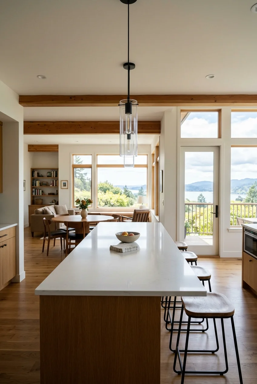 Two clear-glass mini pendants centered over a peninsula