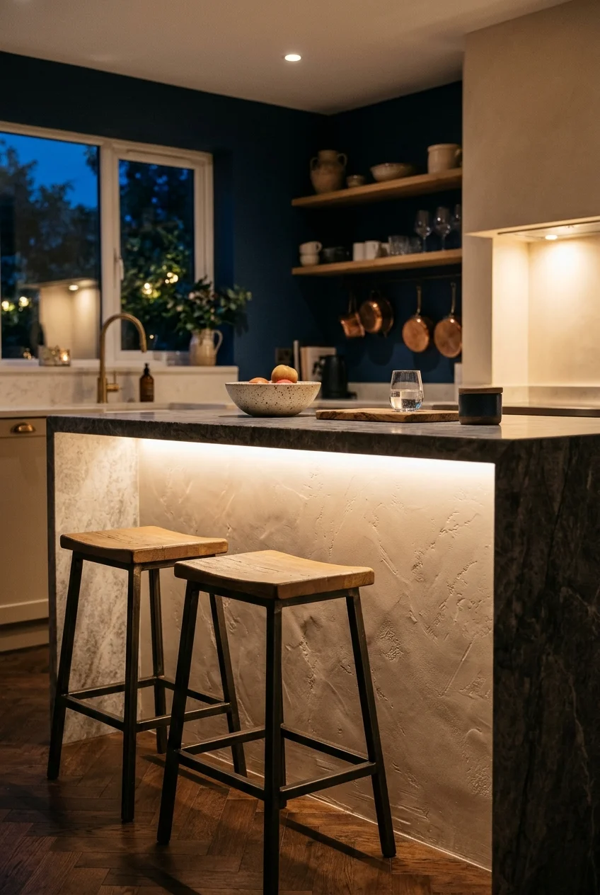 Concealed linear light washing a textured peninsula panel