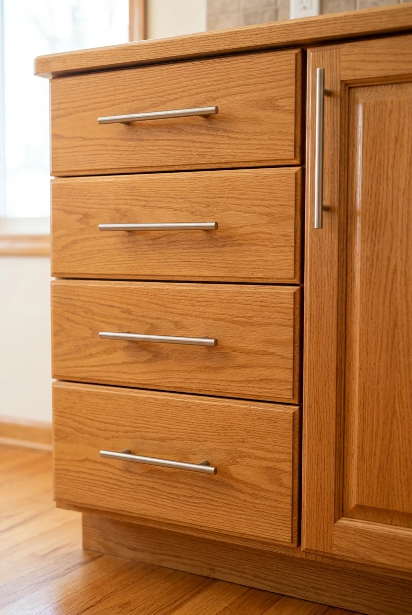 Brushed-nickel pulls updating retained oak kitchen drawers.