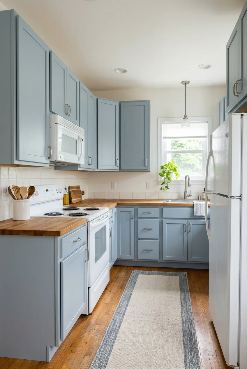 Repainted blue-gray cabinets around retained white kitchen appliances.