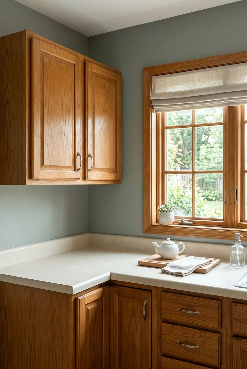 Retained oak cabinets coordinated with muted green-gray walls.