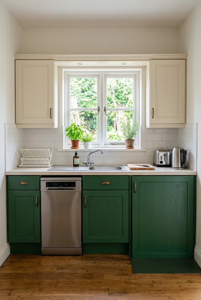 Deep-green lower cabinets beneath retained cream upper cabinets.