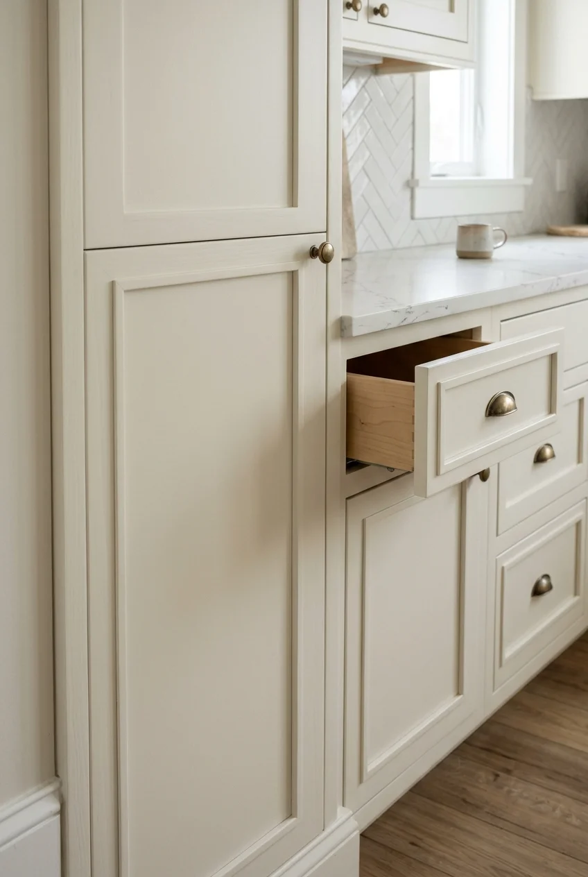 Slim applied trim giving plain cabinet doors a framed profile.