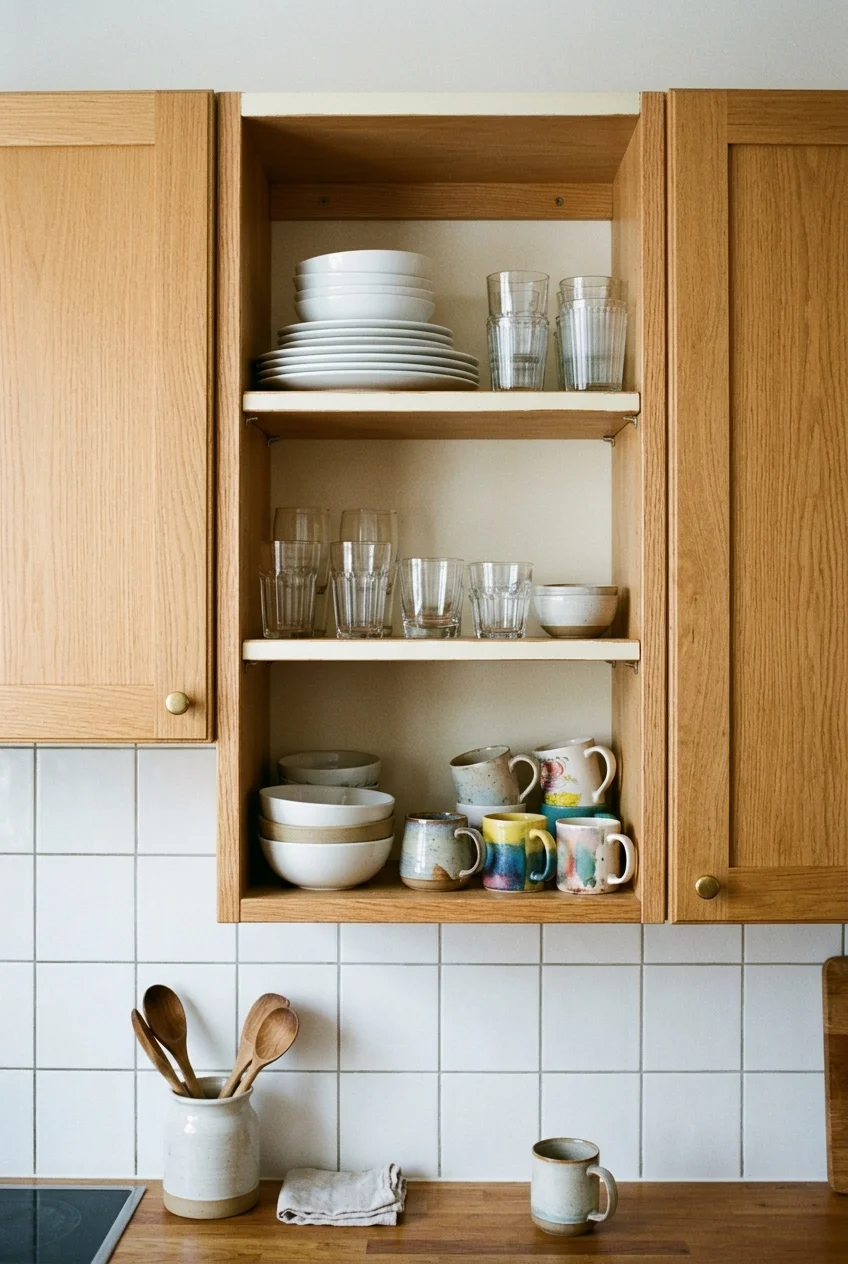 One open upper cabinet holding everyday plates and glasses.