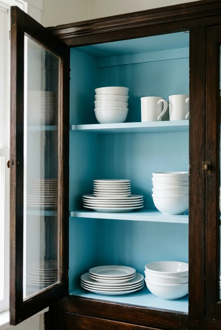 Pale blue painted cabinet interior behind a retained dark frame.