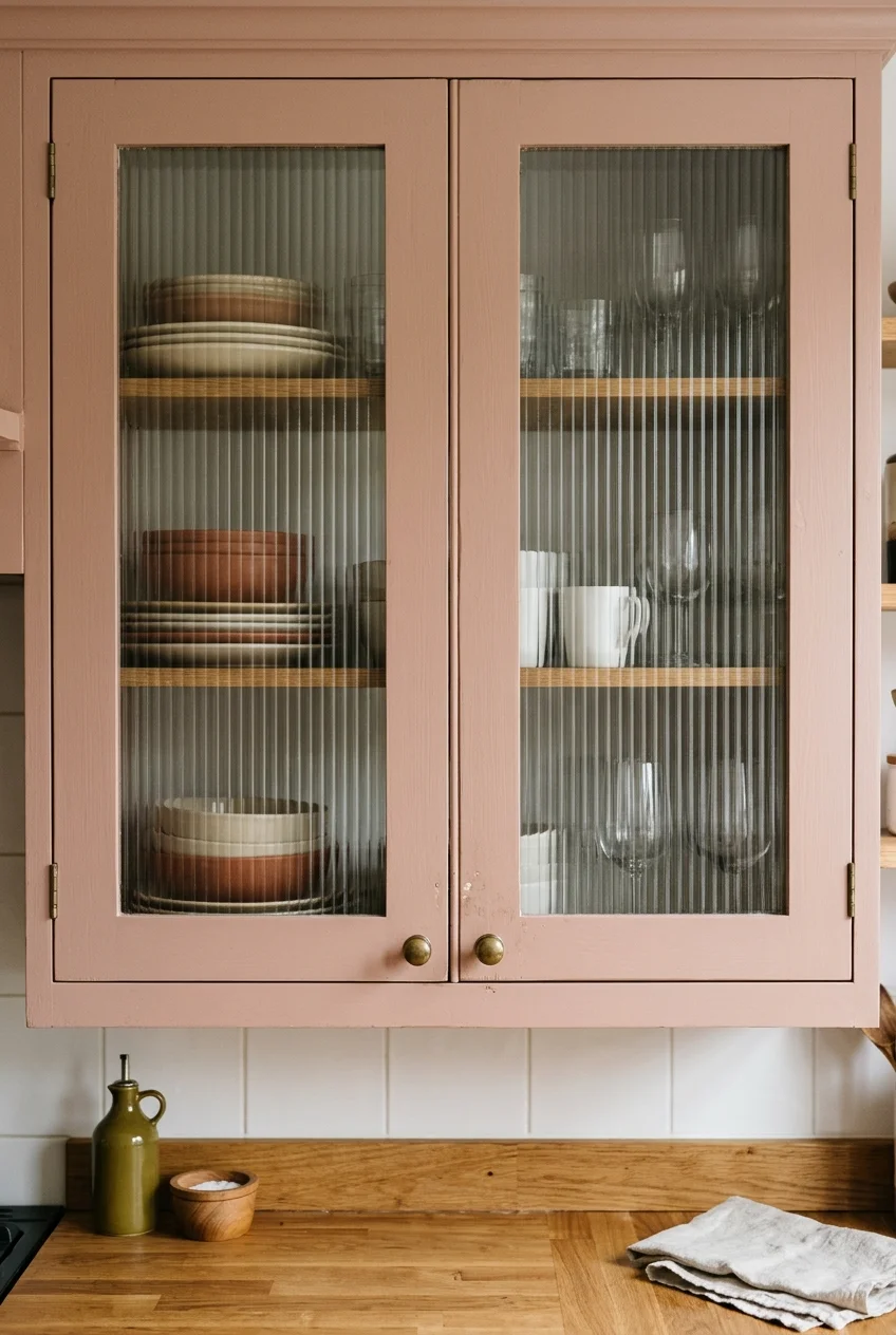 Reeded-glass inserts in two framed upper cabinet doors.