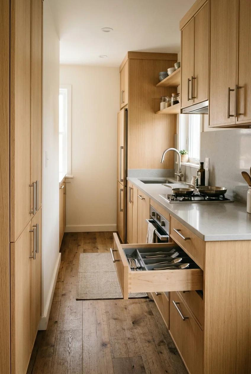 Coordinated cabinet refacing including fronts and an exposed end panel.