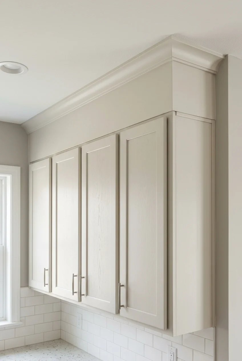 Plain top extension and modest crown finishing upper cabinets.