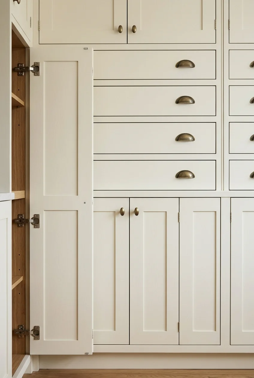 Retained cabinet doors adjusted into straight, even alignment.