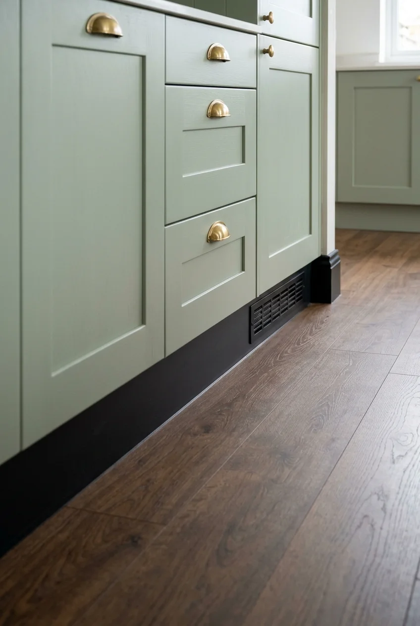 Renewed recessed toe-kick strip beneath existing kitchen cabinets.