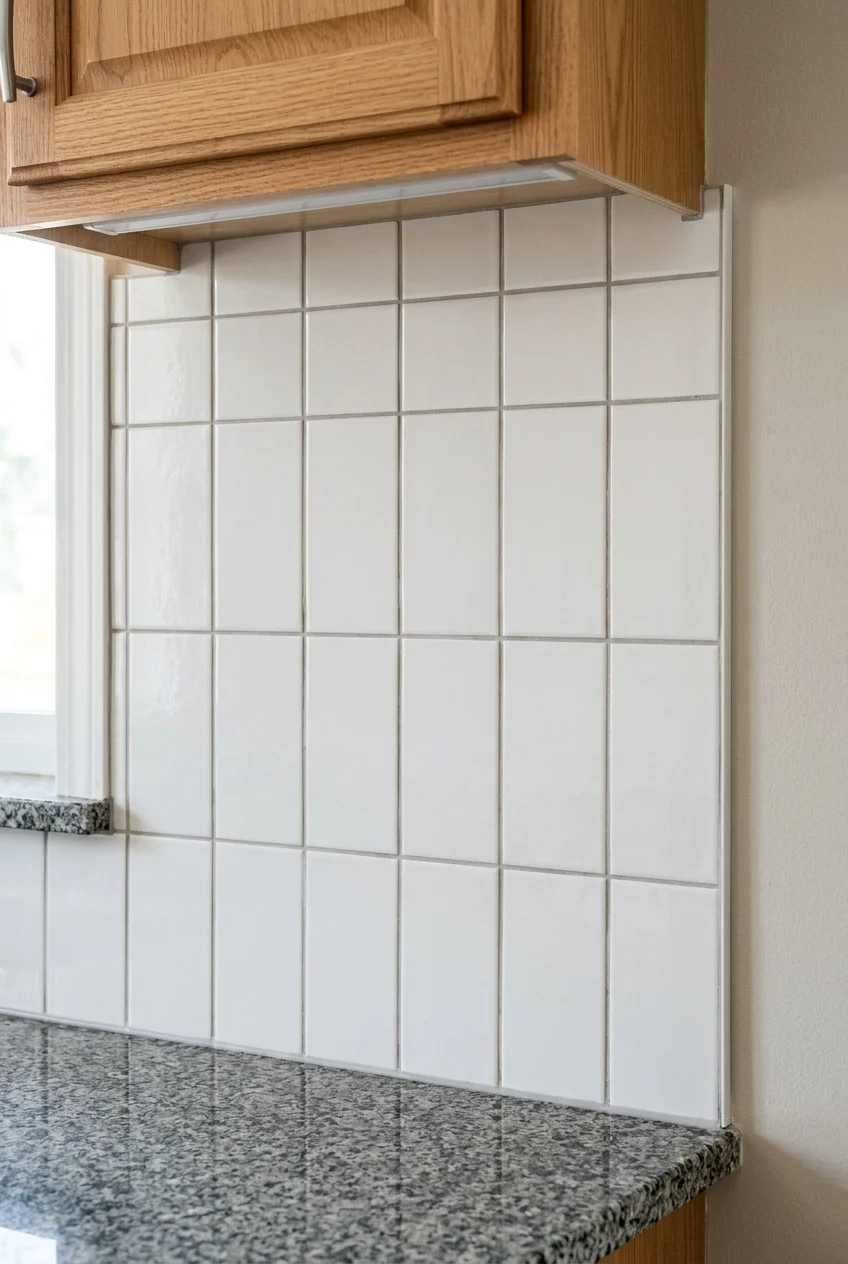 Vertically stacked rectangular tile on a short kitchen backsplash.