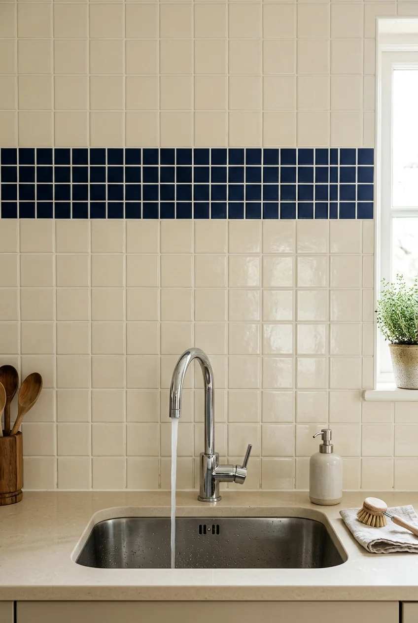 Cream square backsplash tile with a narrow dark-blue accent band.