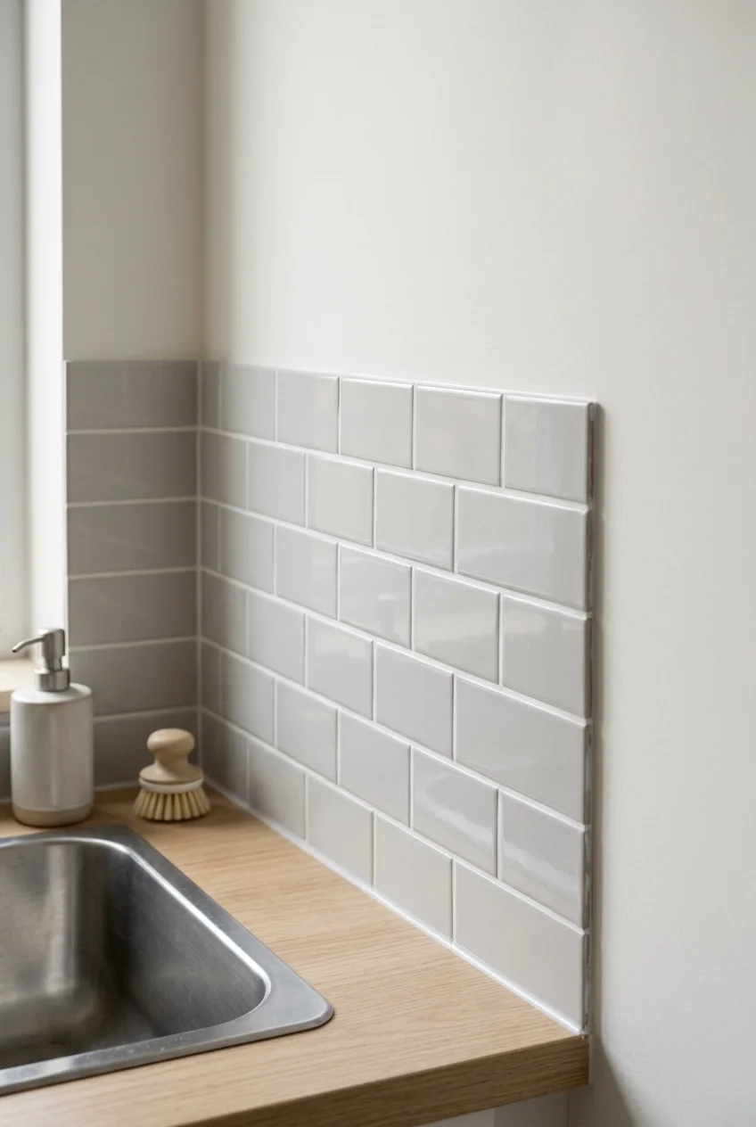 Neatly aligned adhesive backsplash sheets beside a kitchen sink.