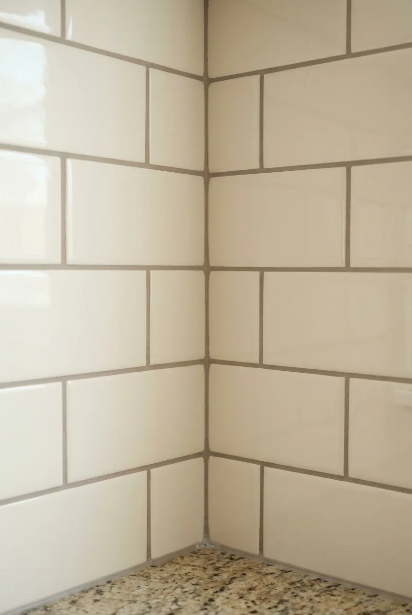 Retained backsplash tiles with evenly refreshed grout joints.