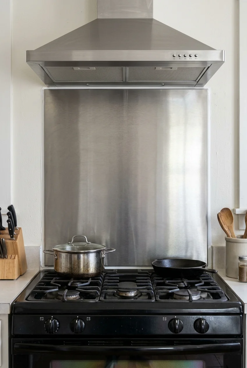 Brushed stainless splash panel integrated behind a freestanding range.