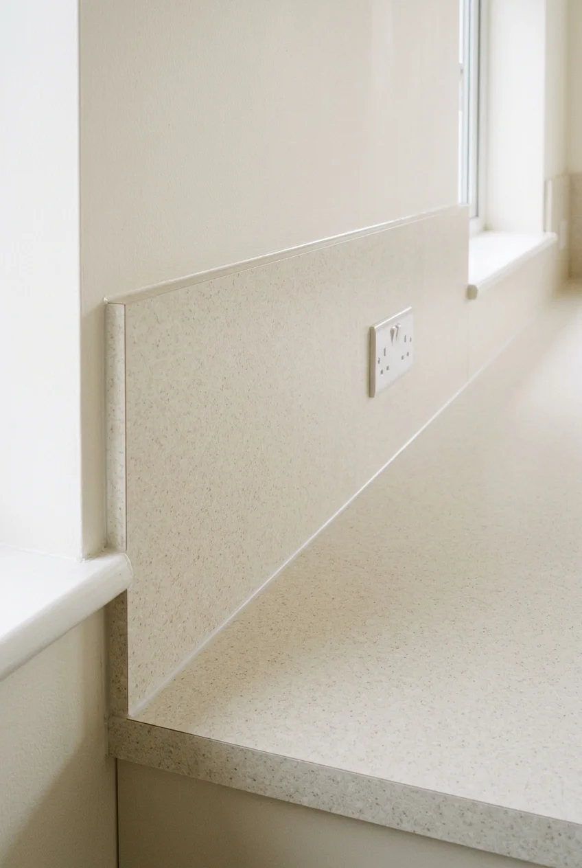Continuous pale laminate splashback over a serving counter.