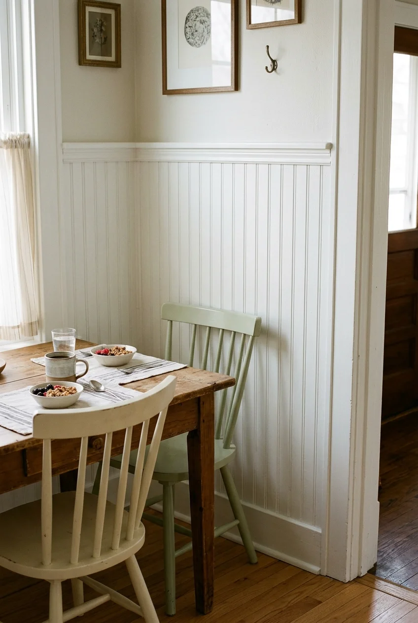 Painted beadboard finishing a dry kitchen breakfast wall.