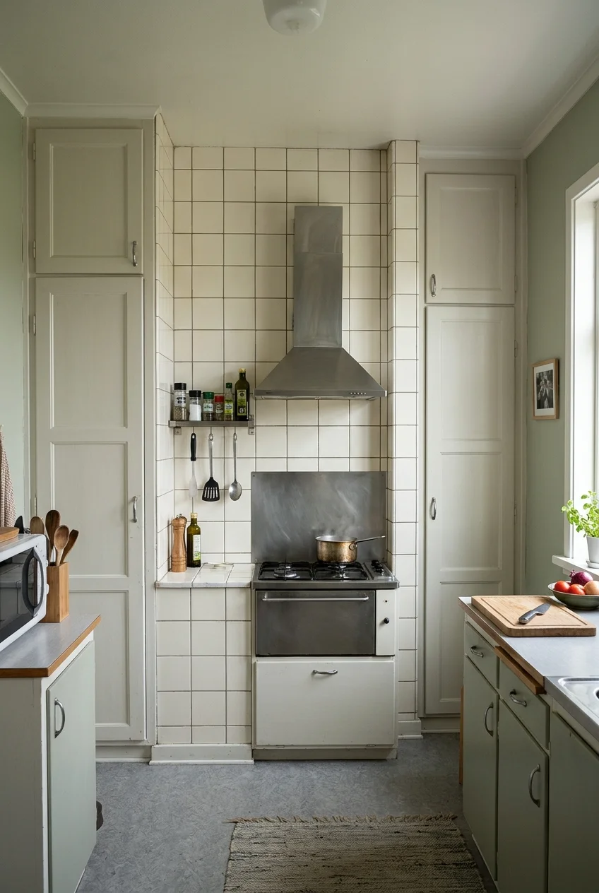 One full-height tiled cooking wall bounded by tall kitchen cabinets.