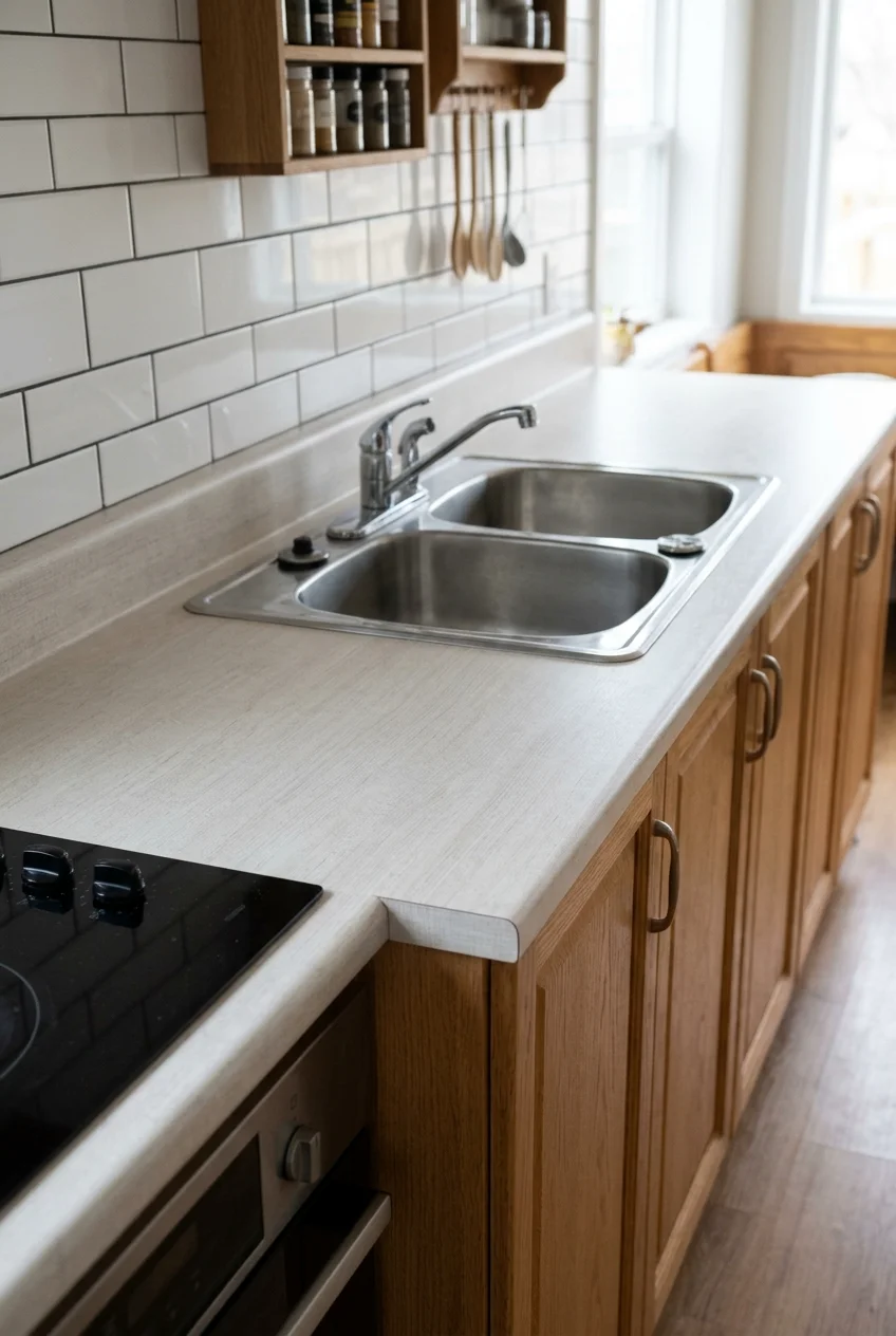Stock laminate countertop with an integrated backsplash and finished end.
