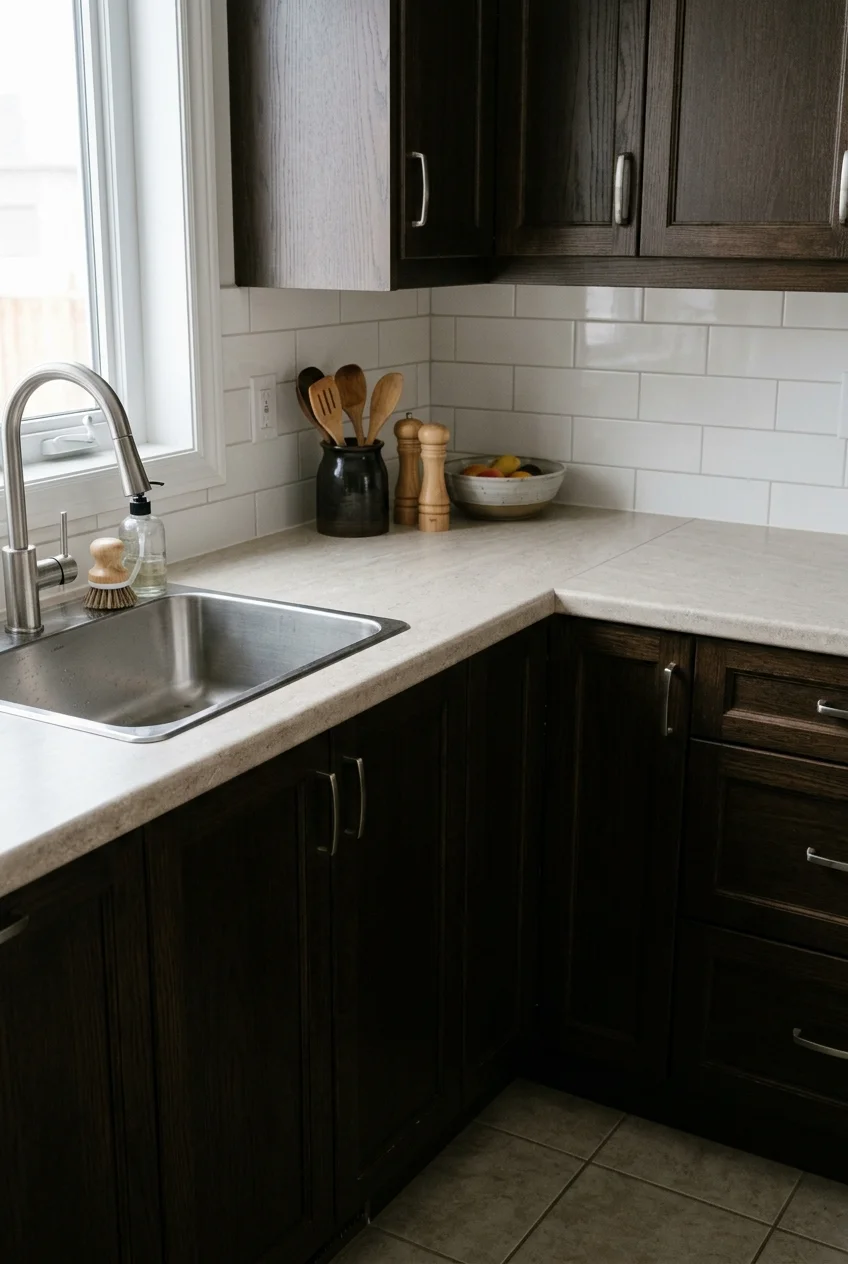 Custom-fitted stone-look laminate countertop on an L-shaped cabinet run.