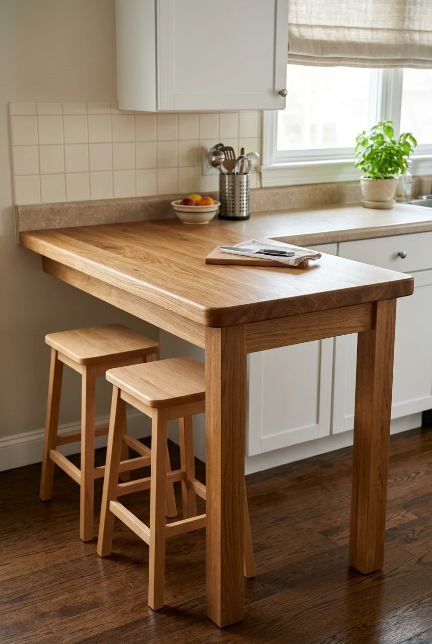 Butcher-block top on a dry kitchen peninsula.