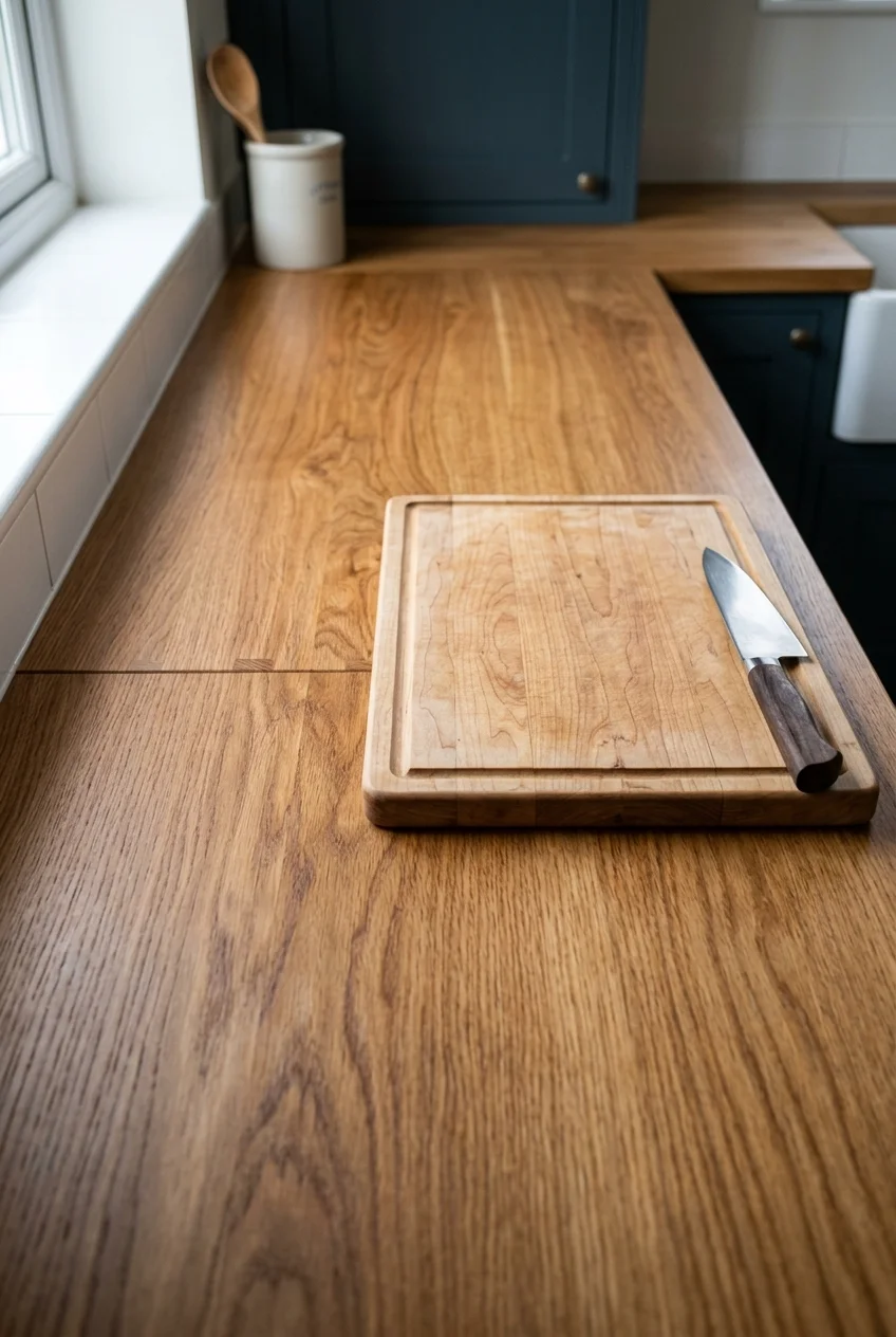 Existing solid-wood worktop with a renewed even finish.