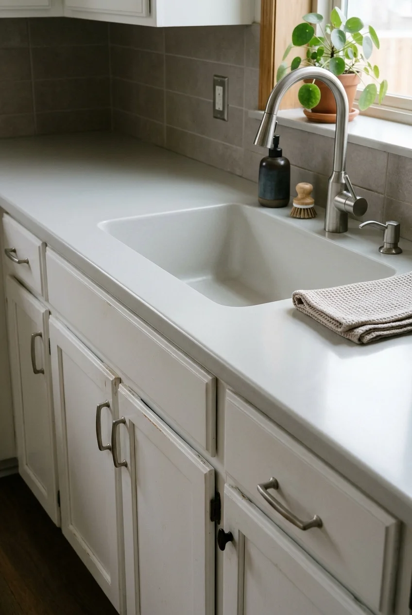 Renewed solid-surface countertop with a consistent low sheen.