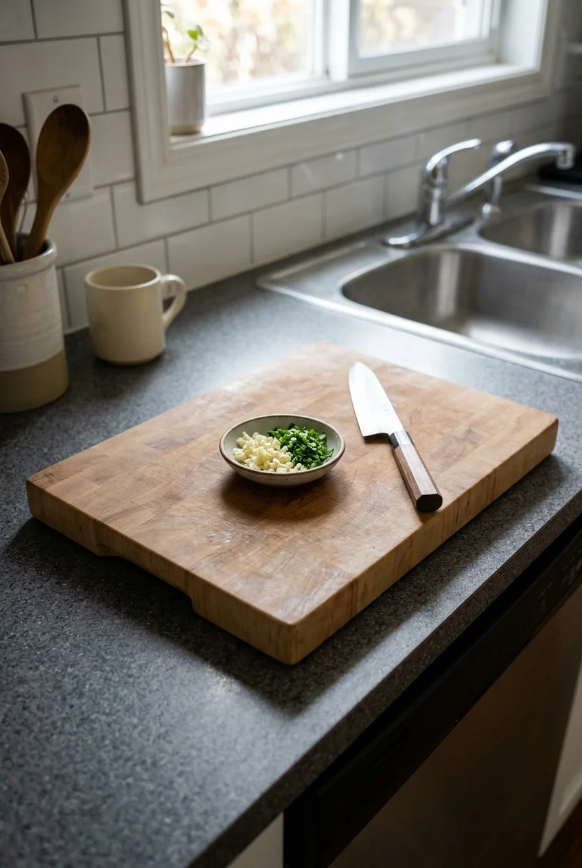 Removable cutting board defining a practical kitchen prep spot.