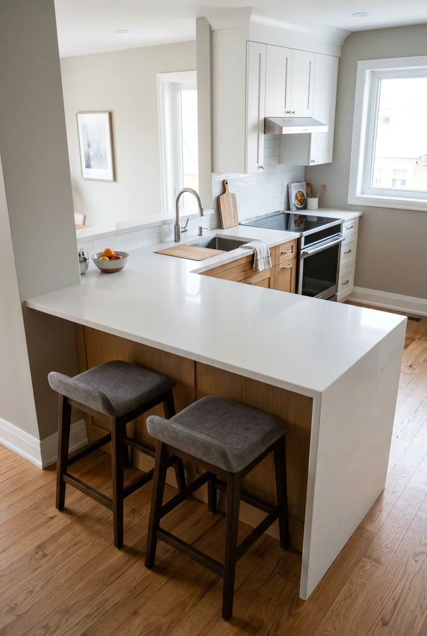 Single-level peninsula replacing an awkward split-height bar.