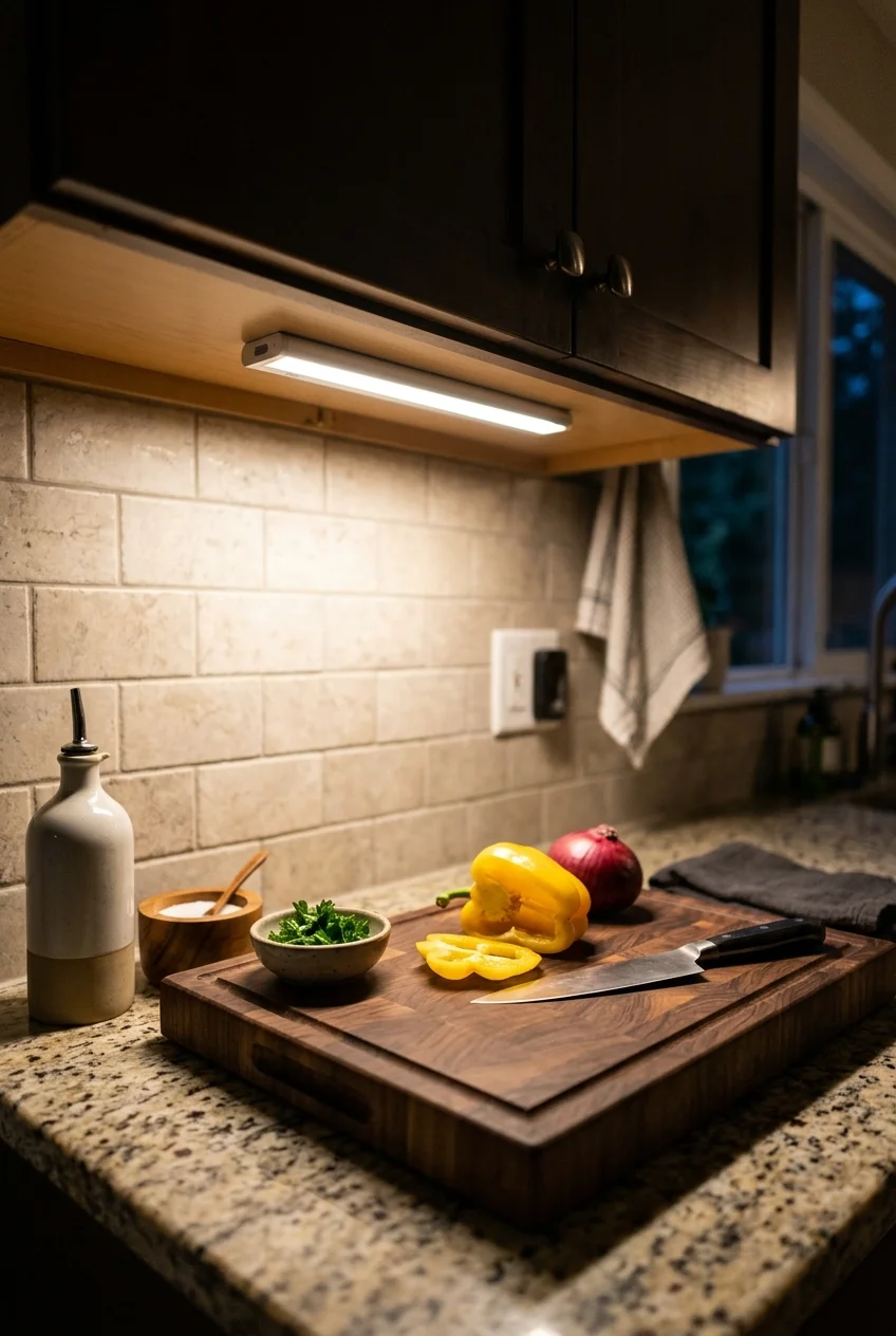 Rechargeable under-cabinet light illuminating a small prep area.