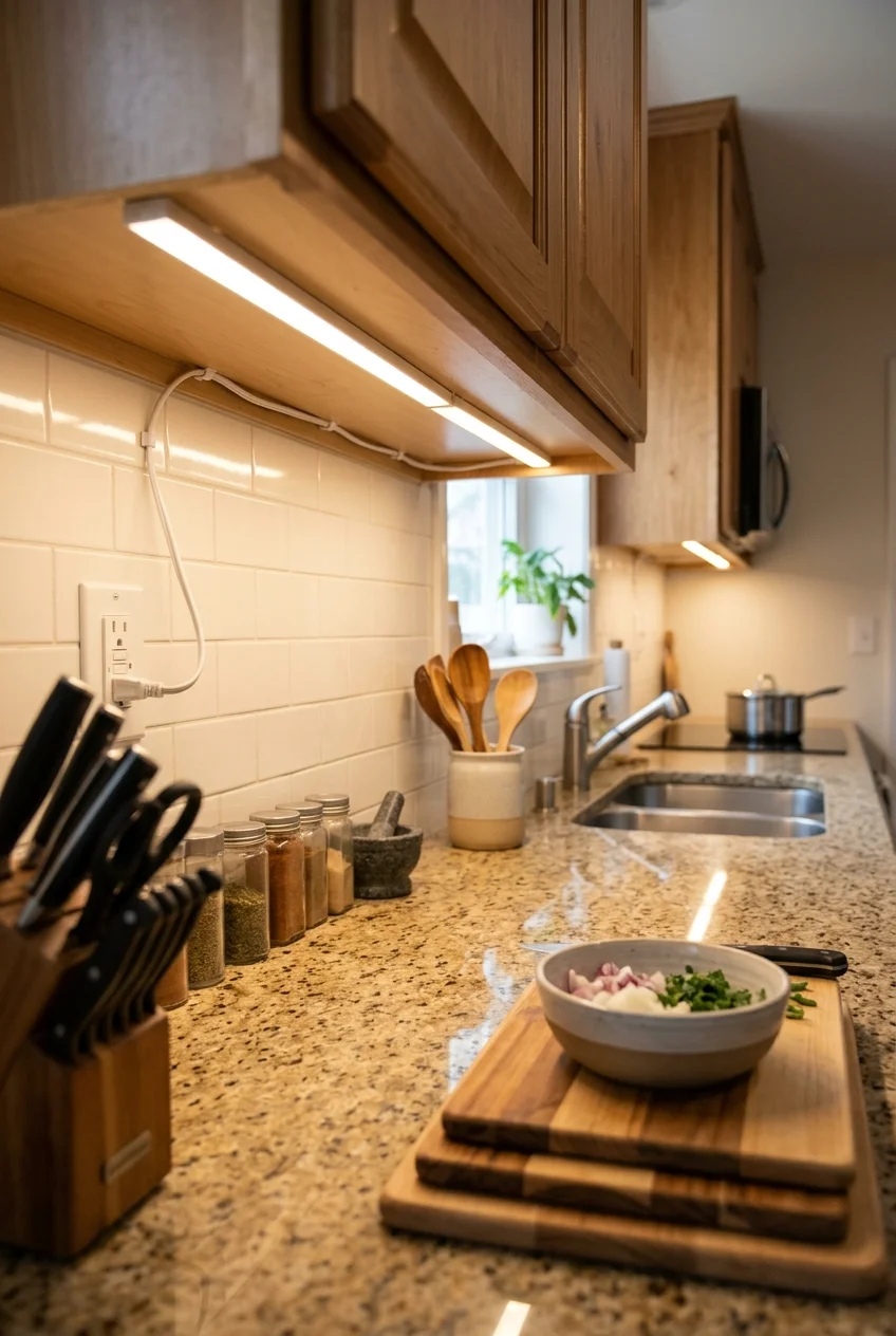 Linked plug-in lights providing continuous illumination along a counter.