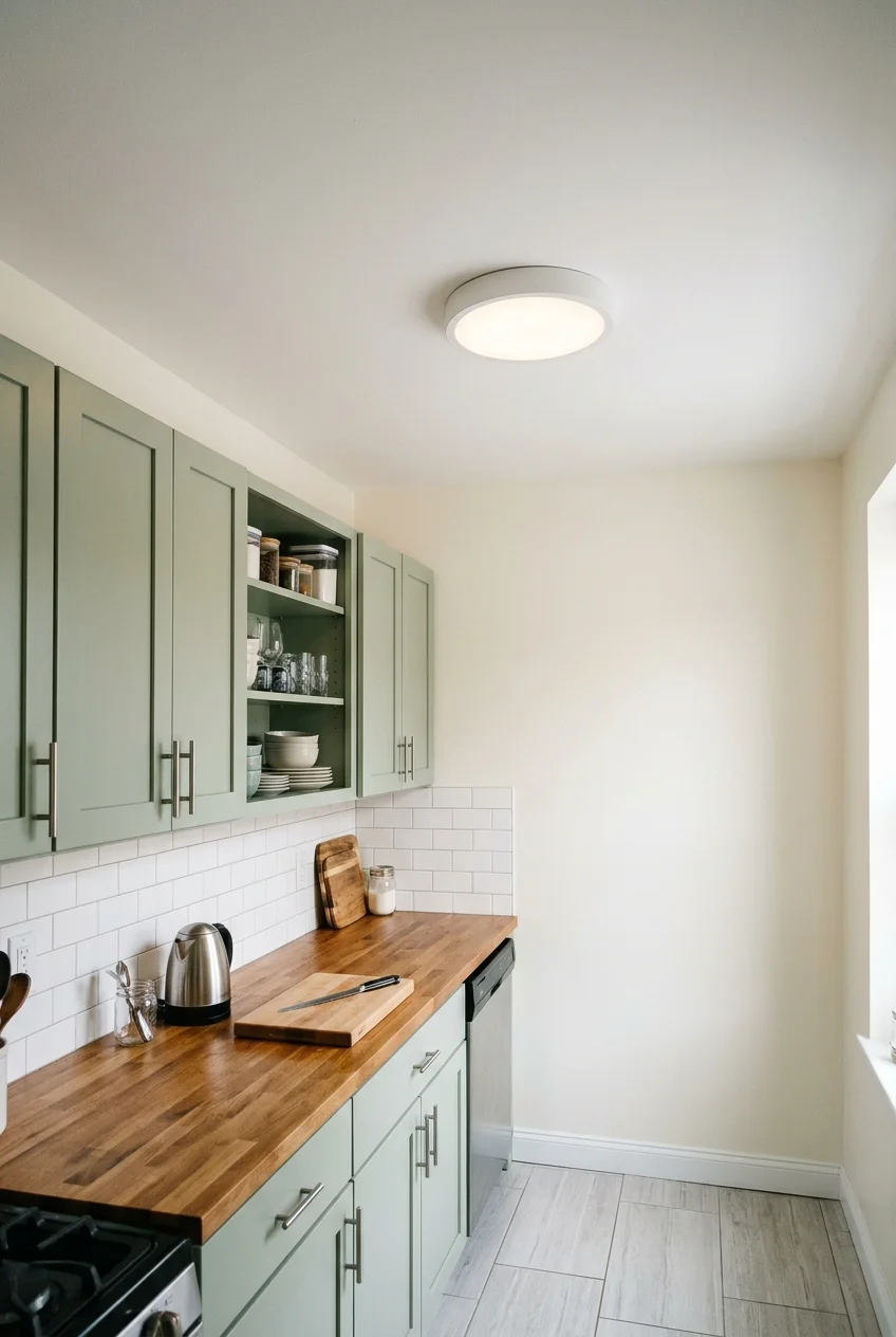 Low-profile ceiling fixture in a modest-height kitchen.