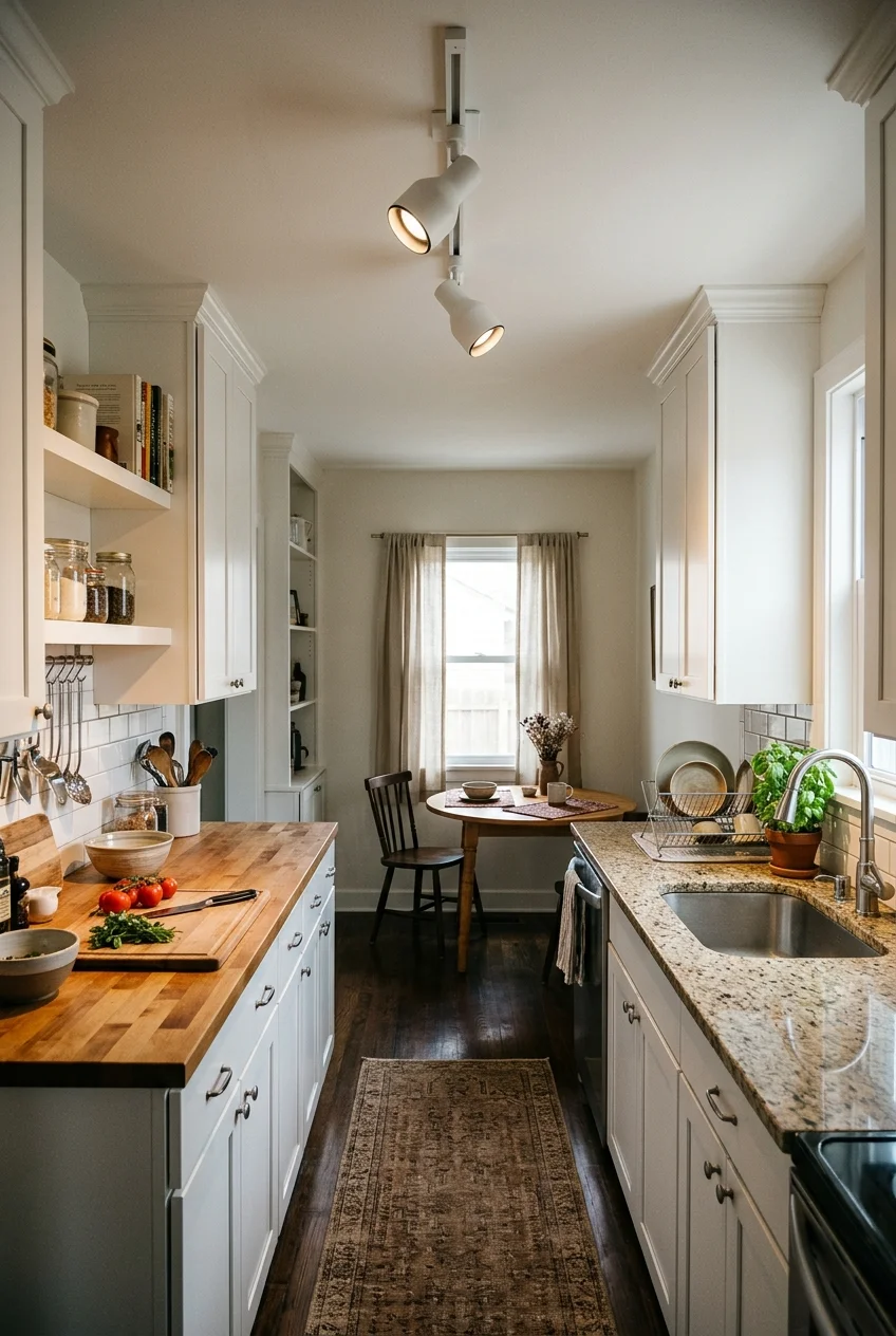 Adjustable track lighting directed toward galley kitchen worktops.