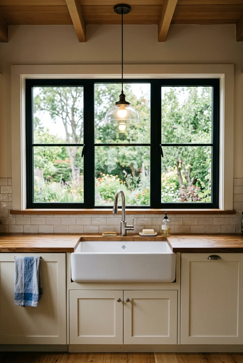 Modest pendant defining a kitchen sink area.