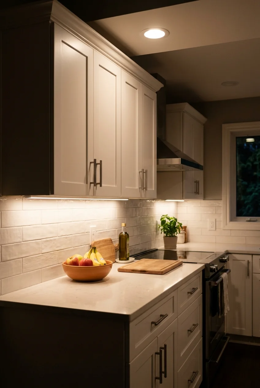 Coordinated light color across ceiling and task lighting.